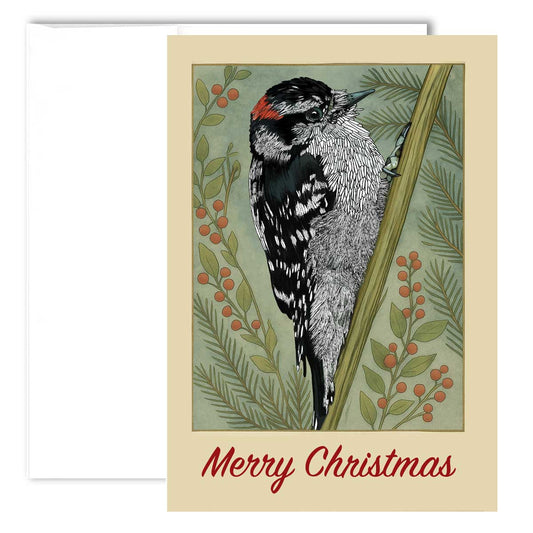 Greeting Card - Downy Woodpecker - Christmas Edition