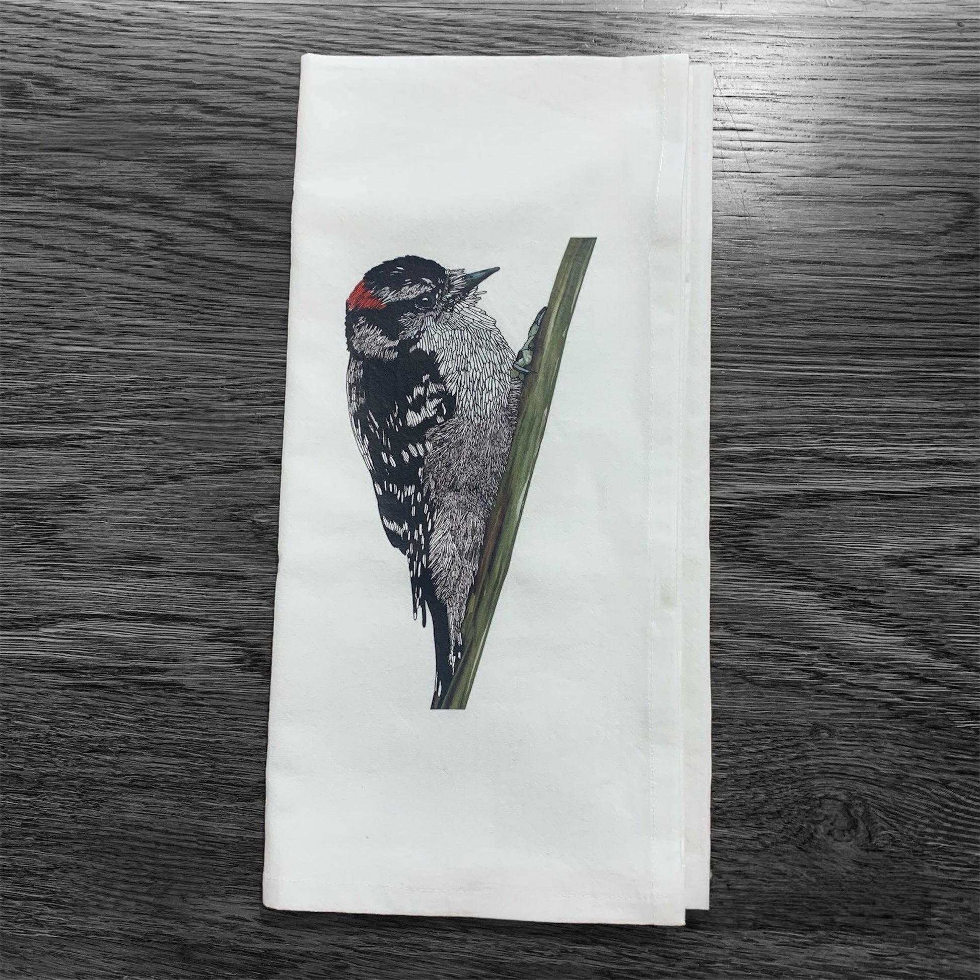 Flour Sack Tea Towel - 100% Organic Cotton - Downy Woodpecker - Unperfekt-Studios
