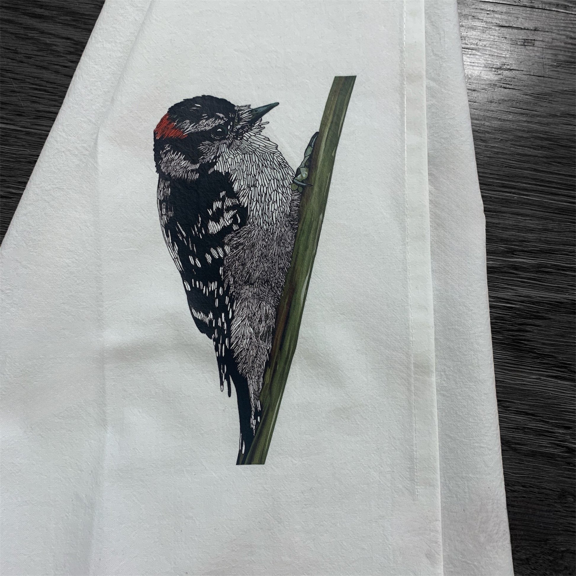 Flour Sack Tea Towel - 100% Organic Cotton - Downy Woodpecker - Unperfekt-Studios