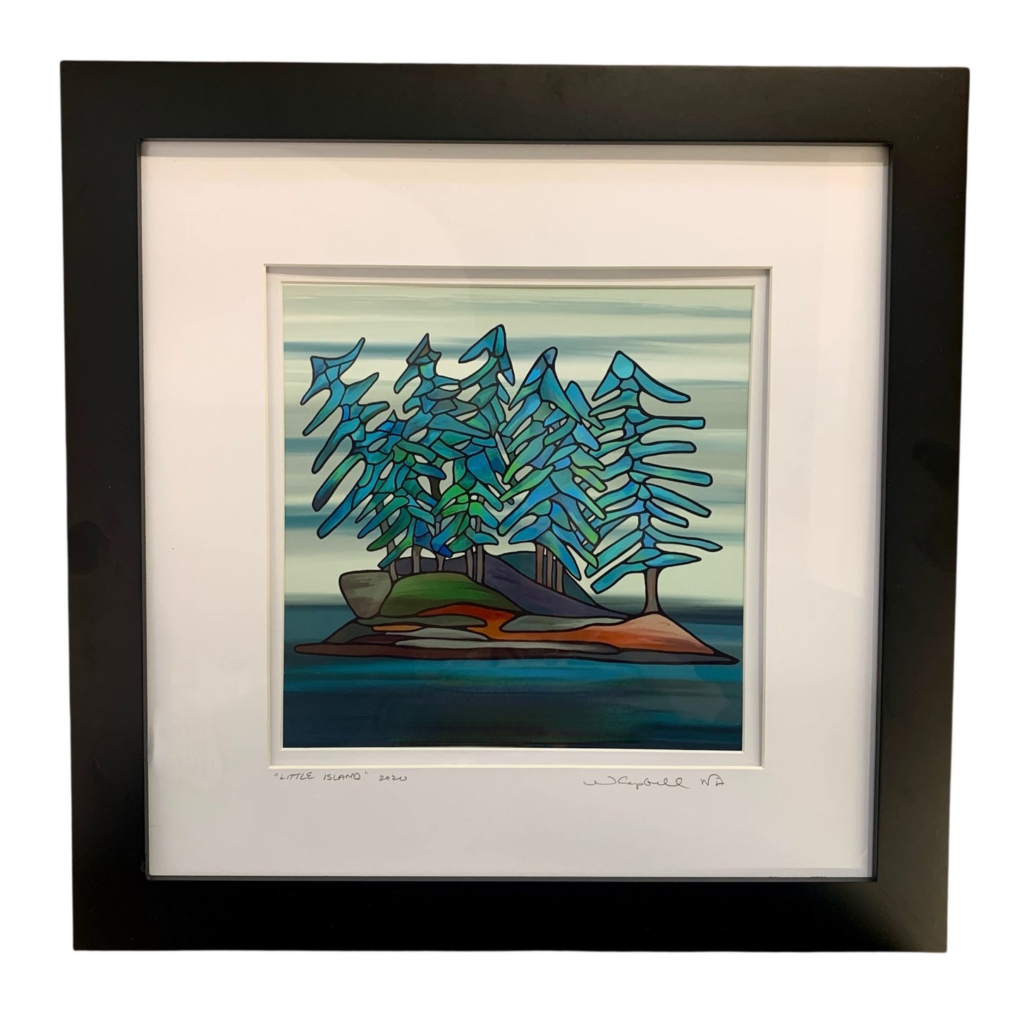 Framed artwork of a stylized landscape with trees and water.