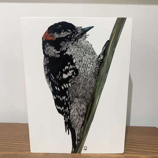 Print on Wood Block - Downy Woodpecker - Unperfekt-Studios