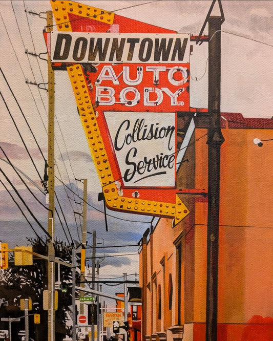 Downtown Auto Body (Cannon St. #2), Acrylic on Canvas, Jen Robins