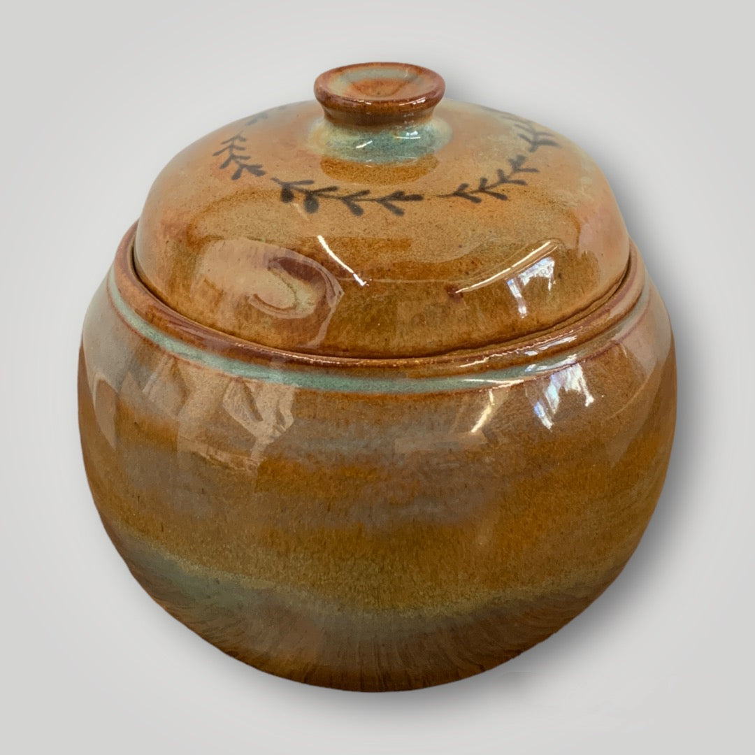 Lidded Jar: Warm Brown Stoneware, Turquoise, Yellow, Red-Brown - Erin White