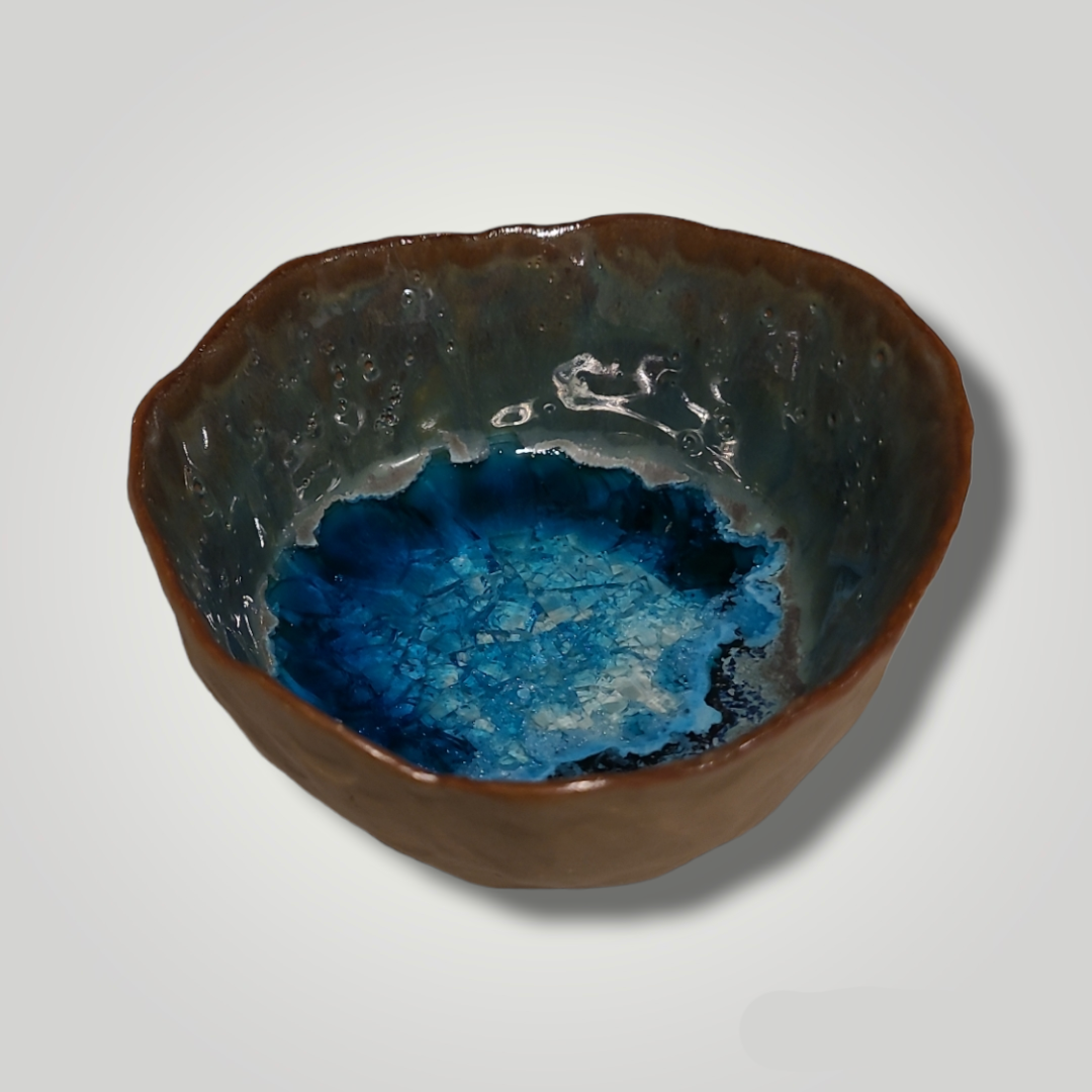 Glass Crackle Dish - Lagoon, Warm Brown Stoneware - Erin White
