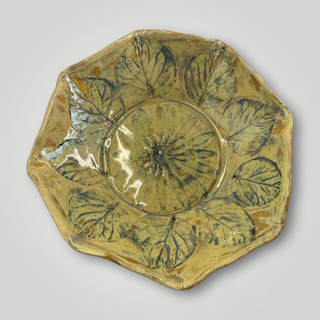 Shallow Leaf Dish: White Stoneware, Leaf & Flower Imprints - Erin White