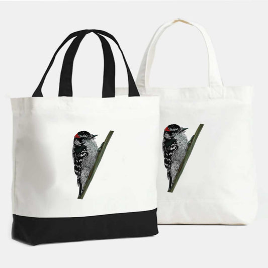 Large Cotton Tote Bag - Downy Woodpecker - Unperfekt-Studios