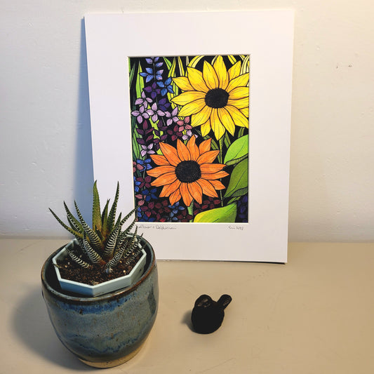 Signed & Matted Print - Sunflower & Delphinium