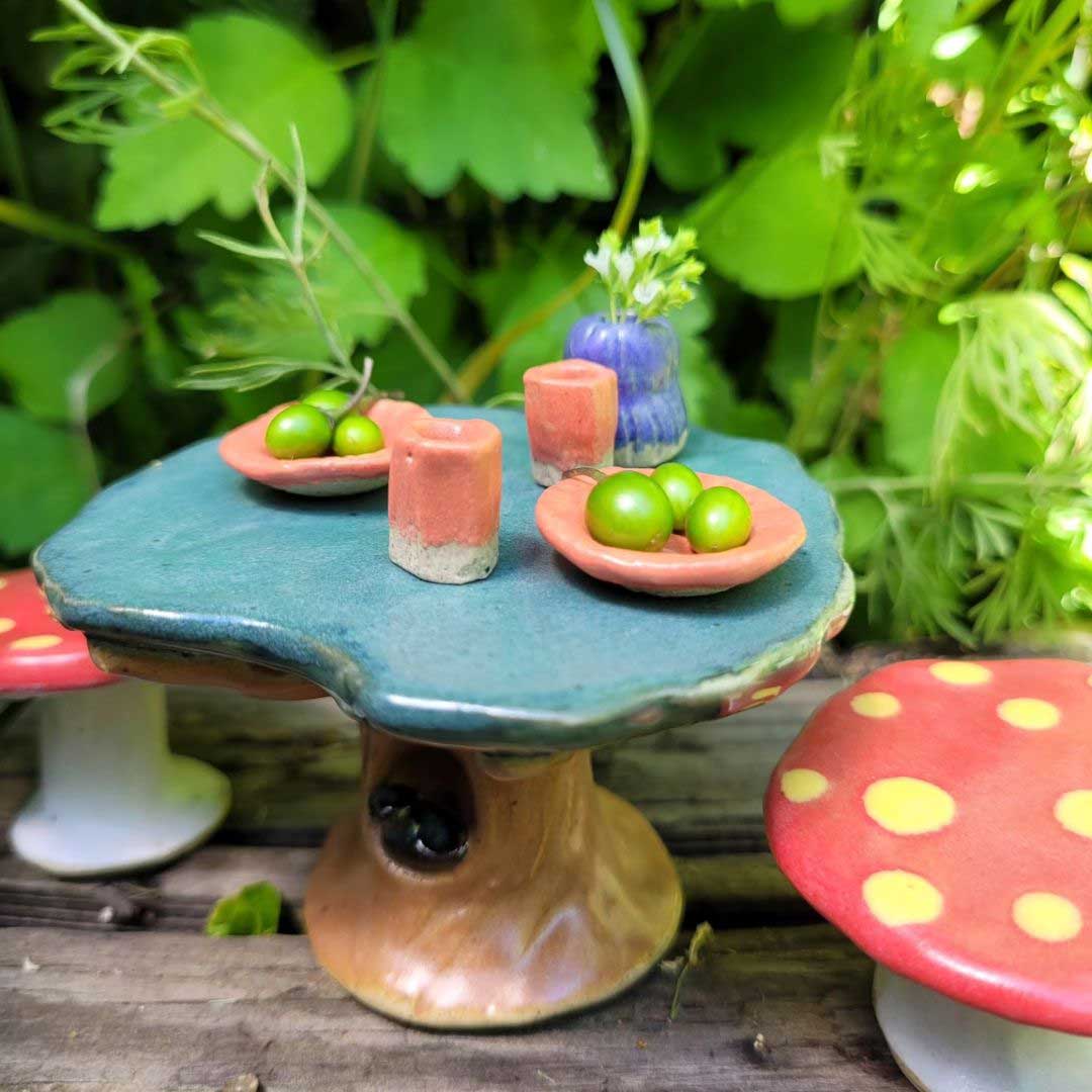 A Fairy's Picnic -  Miniature Mushroom Themed Table & Chairs Set