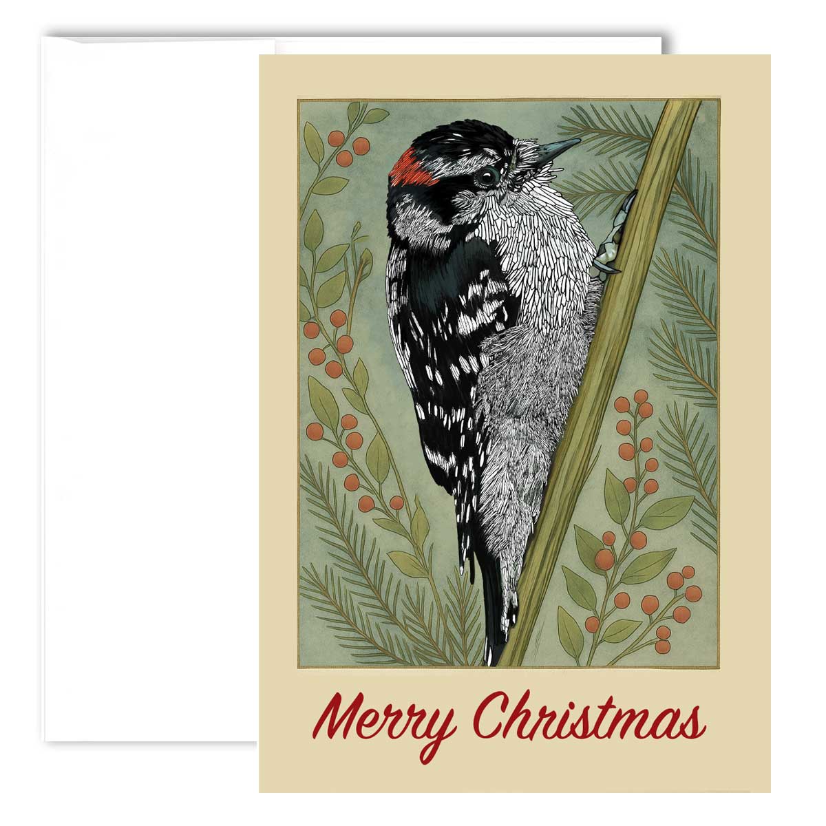 Greeting Card - Downy Woodpecker - Christmas Edition