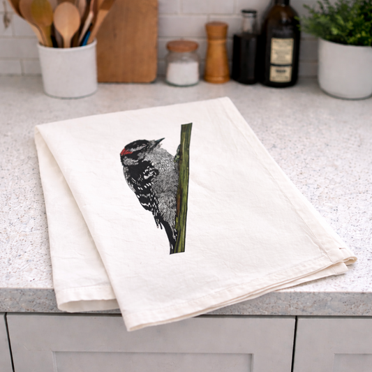 Flour Sack Tea Towel - 100% Organic Cotton - Downy Woodpecker