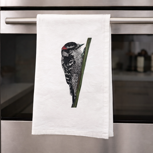 Flour Sack Tea Towel - 100% Organic Cotton - Downy Woodpecker
