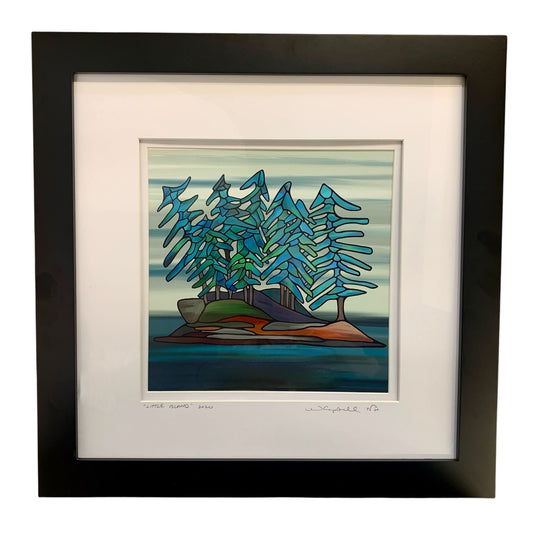 Framed artwork of a stylized landscape with trees and water.