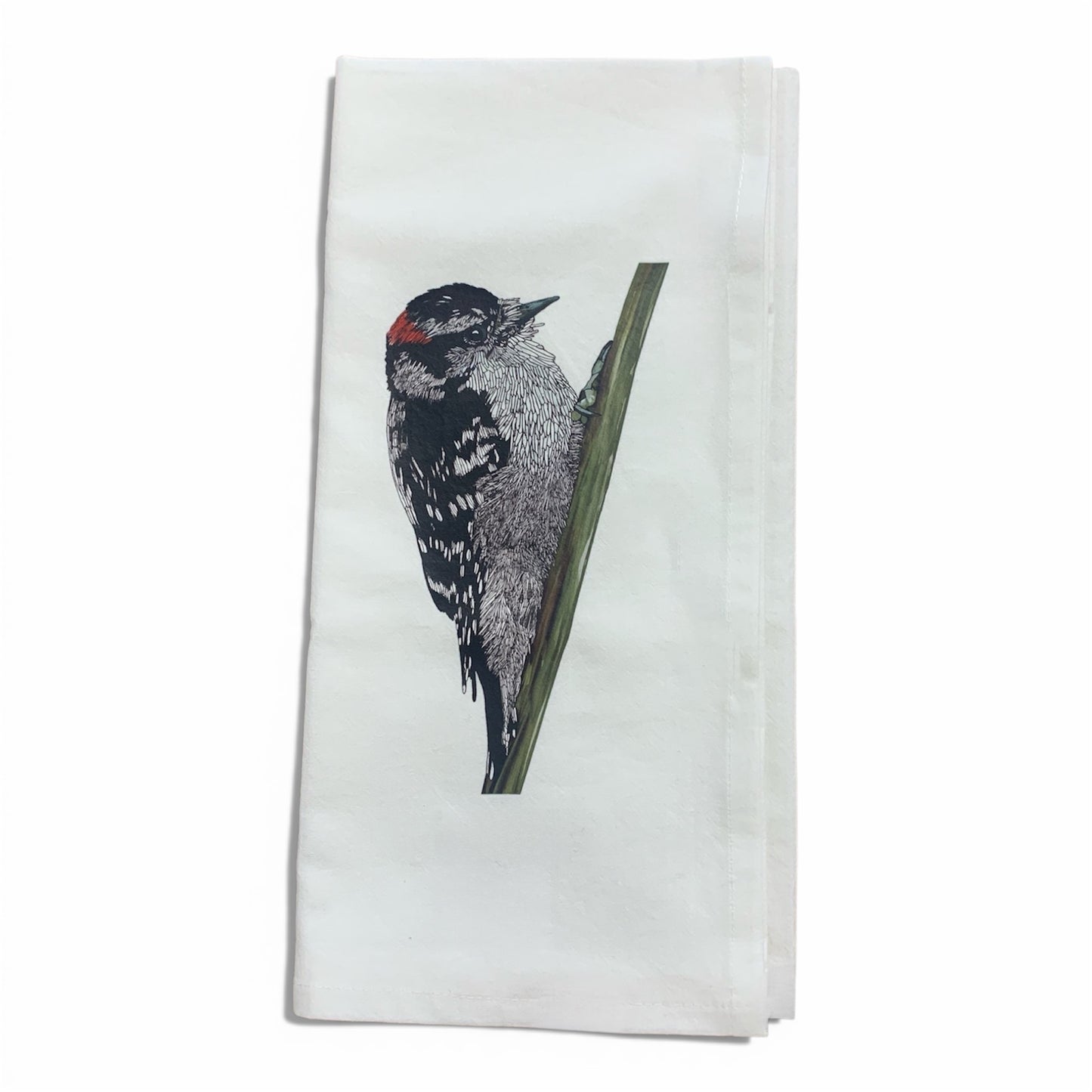 Flour Sack Tea Towel - 100% Organic Cotton - Downy Woodpecker