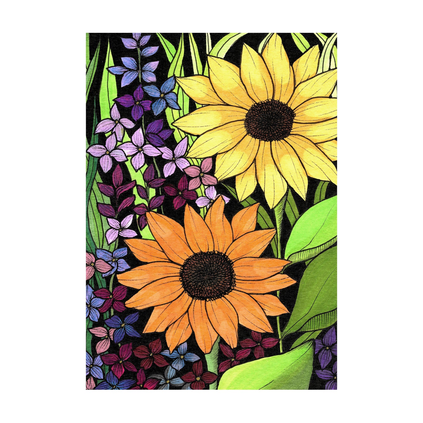Signed & Matted Print - Sunflower & Delphinium
