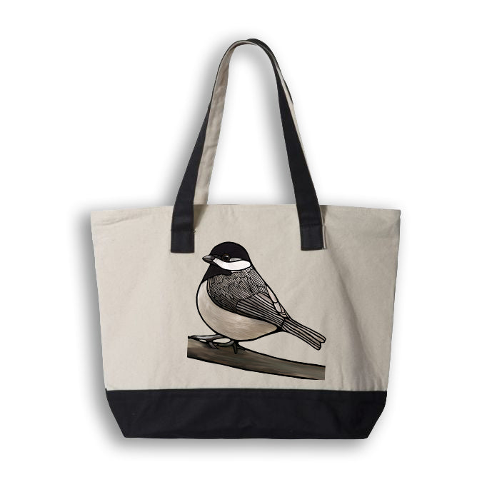 Large Cotton Canvas Zippered Tote Bag - Chickadee