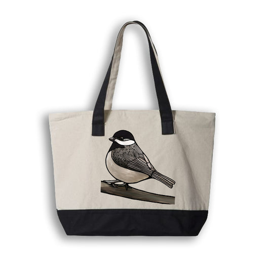 Large Cotton Canvas Zippered Tote Bag - Chickadee