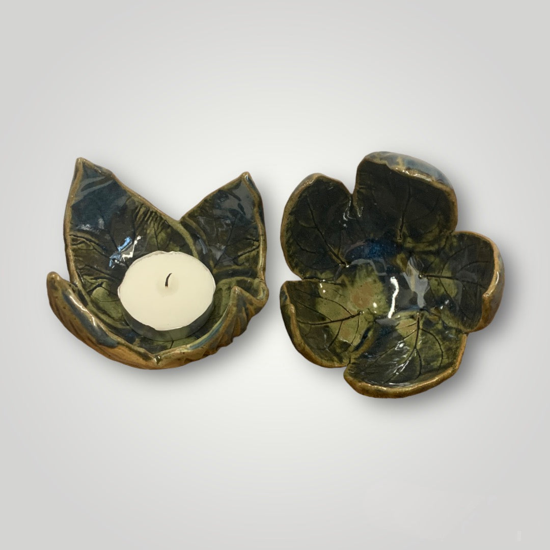 Leafy Candle Holder: Warm Brown Stoneware, Blue/Green - Erin White