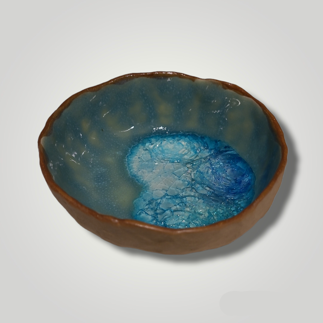 Glass Crackle Dish - Aqua, Warm Brown Stoneware - Erin White