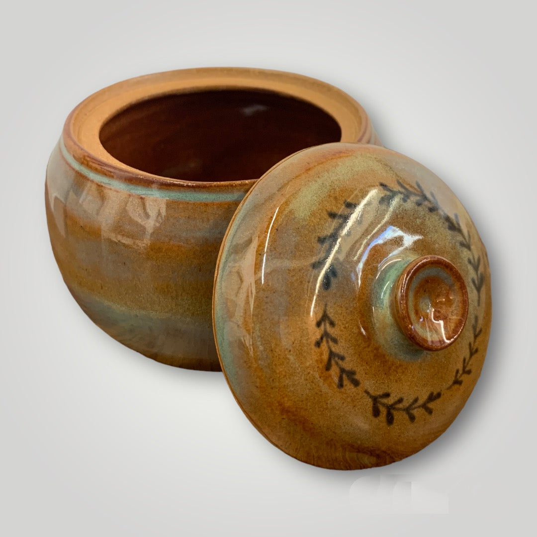 Lidded Jar: Warm Brown Stoneware, Turquoise, Yellow, Red-Brown - Erin White