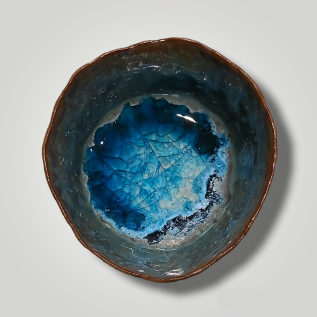 Glass Crackle Dish - Lagoon, Warm Brown Stoneware - Erin White