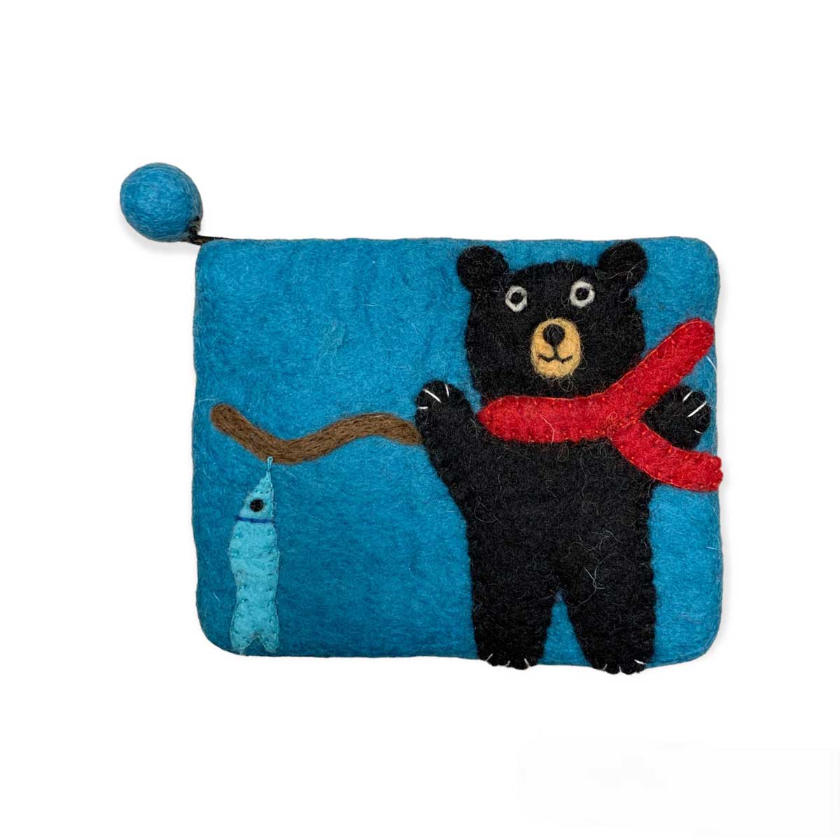 Felted Wool Bear with Fish Purse